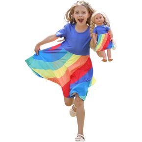 Bow Dream Girl Dresses and Matching American Girl Doll Clothes Accessories for Girls Dresses Set Rainbow