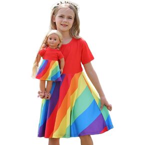 Bow Dream Girl Dresses and Matching American Girl Doll Clothes Accessories for Girls Dresses Set Rainbow in Kuwait