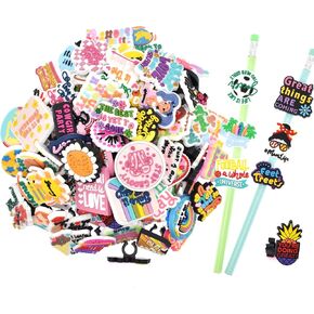 150pcs عبارة موضوع قلم رصاص قطرات Toppers سحر Decoation Pen Topper سحر الملحقات الموضوع PVC Pencil Clips Charms الطالب DIY PEN CLIPS