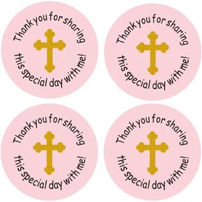 50 Pack of 2 Round Cross Thank You Stickers Labels Candy Sticker Labels for Religious Party, Baptism, Confirmation, Christening, First Communion, Birthday Party (Pink)