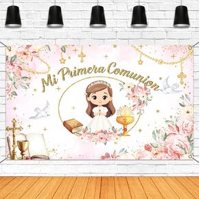 Mocsicka Mi Primera Comunion Banner for Boys First Communion Party Decorations Banner Green Floral Baptism Christening First Holy Communion Backdrop for photography (Green, 70.8x43.3 inch)