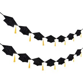 ديكورات التخرج 2025-لافتة قبعة التخرج الأسود المسبق مع شرابة Gold Grad ، فئة Glitter على الوجهين لعام 2025 تهنئة Décor Grad Party ، 9.6 قدم
