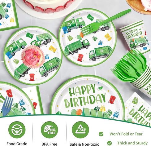 120pcs القمامة الشاحنة لحفلات الحفلات لوازم قمامة لوحات الشاحنة لوحات مناديل الشوك الأخضر يمكن التخلص منها أدوات المائدة المعرفة in Kuwait