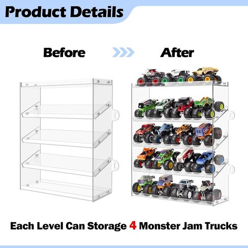 Assembly Monster Trucks Display Case Holding for 20 Monster Trucks Acrylic Storage Case 5 Tiers Monster Trucks Organizer with Tilted Design, Display Case for Toy Trucks (Transparent) in Saudi Arabia