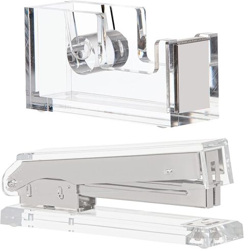 Staple & Stick Office Supplies Designer - Acrylic Lucite Silver Stapler and Tape Dispenser Gift Set - Elegant Chic Office Supplies in Kuwait