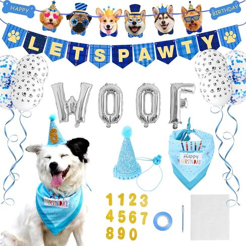 Zaabaazina Dog Birthday Party Supplies, Dog Birthday Bandana Boy Blue Dog Birthday Hat with Numbers, Dog Birthday Banner LETS PAWTY and WOOF Balloons for Dogs Party Supplies Decorations in Kuwait