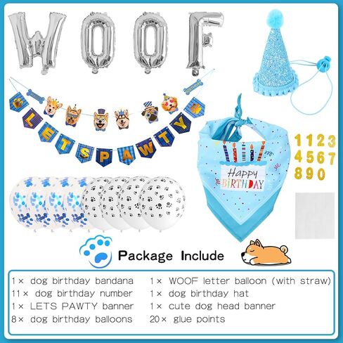 Zaabaazina Dog Birthday Party Supplies, Dog Birthday Bandana Boy Blue Dog Birthday Hat with Numbers, Dog Birthday Banner LETS PAWTY and WOOF Balloons for Dogs Party Supplies Decorations in Kuwait