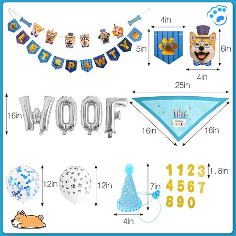 Zaabaazina Dog Birthday Party Supplies, Dog Birthday Bandana Boy Blue Dog Birthday Hat with Numbers, Dog Birthday Banner LETS PAWTY and WOOF Balloons for Dogs Party Supplies Decorations in Kuwait