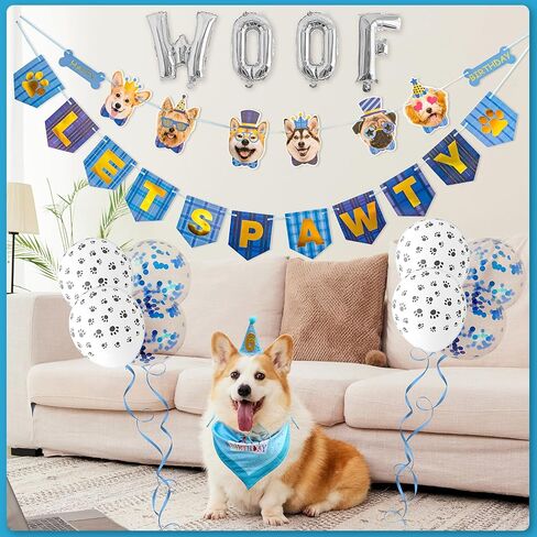 Zaabaazina Dog Birthday Party Supplies, Dog Birthday Bandana Boy Blue Dog Birthday Hat with Numbers, Dog Birthday Banner LETS PAWTY and WOOF Balloons for Dogs Party Supplies Decorations in Kuwait