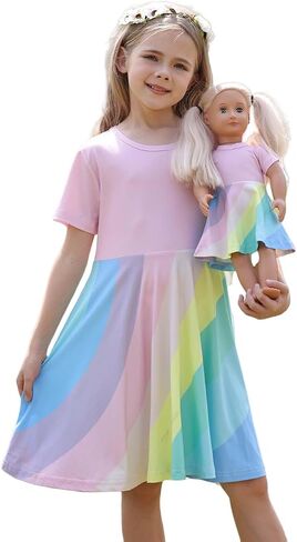 Bow Dream Girl Dresses and Matching American Girl Doll Clothes Accessories for Girls Dresses Set Rainbow in Saudi Arabia