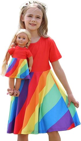 Bow Dream Girl Dresses and Matching American Girl Doll Clothes Accessories for Girls Dresses Set Rainbow in Kuwait