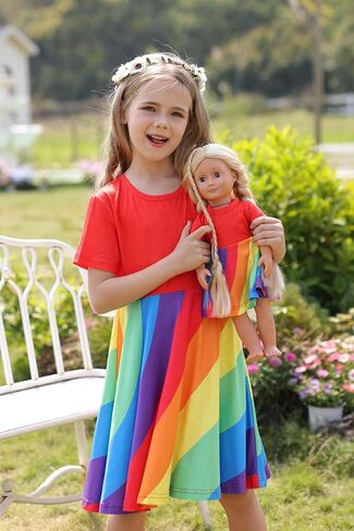 Bow Dream Girl Dresses and Matching American Girl Doll Clothes Accessories for Girls Dresses Set Rainbow in Kuwait