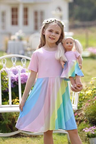Bow Dream Girl Dresses and Matching American Girl Doll Clothes Accessories for Girls Dresses Set Rainbow in Saudi Arabia