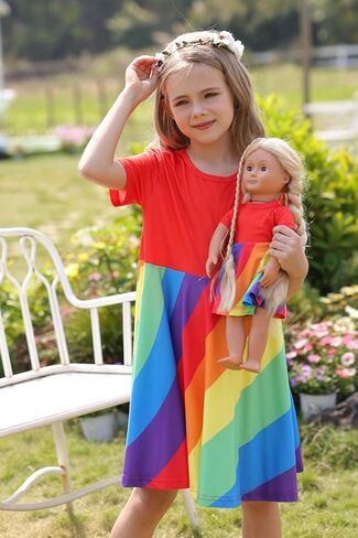 Bow Dream Girl Dresses and Matching American Girl Doll Clothes Accessories for Girls Dresses Set Rainbow in Kuwait