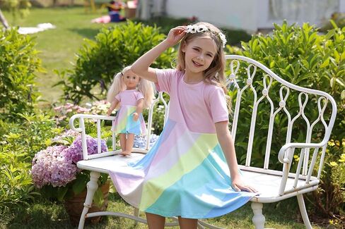 Bow Dream Girl Dresses and Matching American Girl Doll Clothes Accessories for Girls Dresses Set Rainbow in Saudi Arabia