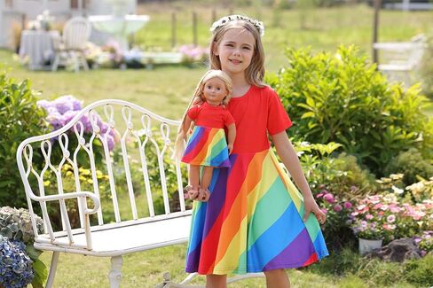 Bow Dream Girl Dresses and Matching American Girl Doll Clothes Accessories for Girls Dresses Set Rainbow in Kuwait