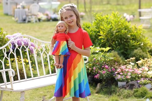 Bow Dream Girl Dresses and Matching American Girl Doll Clothes Accessories for Girls Dresses Set Rainbow in Kuwait
