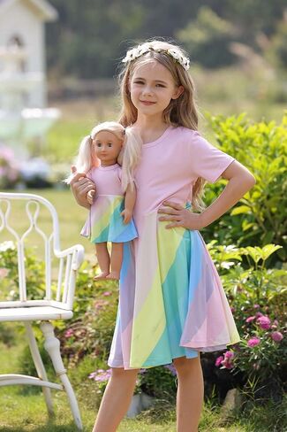 Bow Dream Girl Dresses and Matching American Girl Doll Clothes Accessories for Girls Dresses Set Rainbow in Saudi Arabia