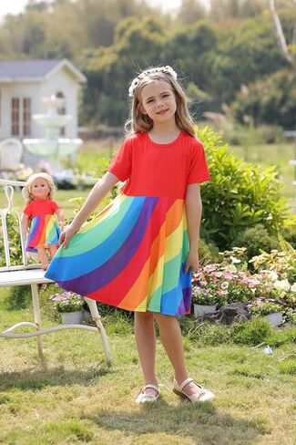Bow Dream Girl Dresses and Matching American Girl Doll Clothes Accessories for Girls Dresses Set Rainbow in Kuwait