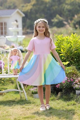 Bow Dream Girl Dresses and Matching American Girl Doll Clothes Accessories for Girls Dresses Set Rainbow in Saudi Arabia