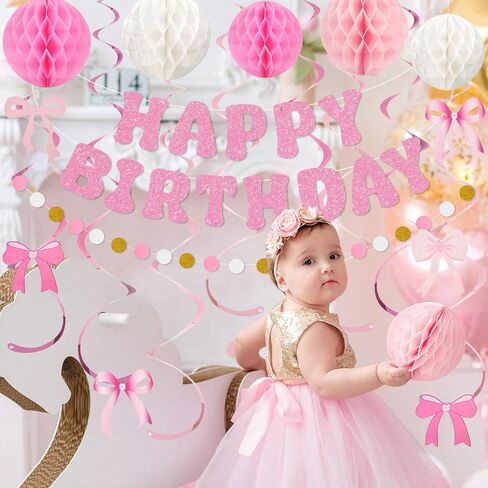 Amandir Pastel Birthday Decorations for Girls Women, Happy Birthday Banner with Honeycomb Balls, Daisy Flowers Hanging Swirls, Circle Dots Garland, Pastel Spring Easter Party Decorations Supplies in Saudi Arabia