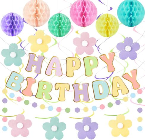 Amandir Pastel Birthday Decorations for Girls Women, Happy Birthday Banner with Honeycomb Balls, Daisy Flowers Hanging Swirls, Circle Dots Garland, Pastel Spring Easter Party Decorations Supplies in Saudi Arabia