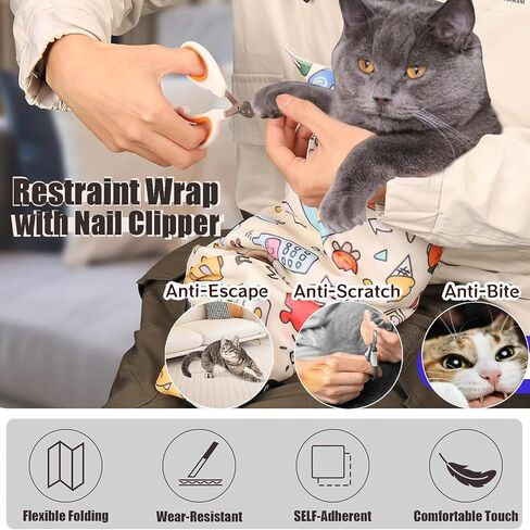 Cat Wrap for Cutting Nails, 35.5''x35.5'' Self-Adherent Cat Grooming Wrap with Nail Clipper, Anti-Escape Calming Cat Swaddle Wrap for Medicine, Nail Clipping, Teeth Brushing, Ear Cleaning in Saudi Arabia