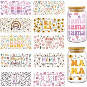 يلفات كوب ماما UVDTF - 10 أوراق أمي UV DTF شارات ل 16 أوقية أكواب زجاجية ، فرك زهرة Daisy Rainbow مقاومة للماء على ملصقات النقل ، DIY مخصصة هدايا هدايا