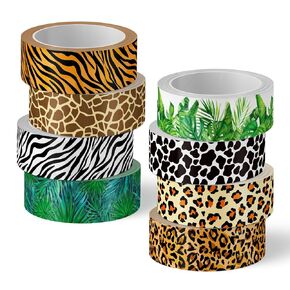Whaline 8 Rolls Animal Prints Washi Tape Safari Diskking Tape Tape Leopard Zebra Tiger Giraffe Greenery Rapping Tape for Scrapbook Journal Diy Art Crafts