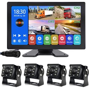 EVERSECU 4K Car Backup Cameras System with 10.1" Touch Screen Quad Display Monitor & 4pcs 1080P Backup AHD Cameras, MP5 Player, Vehicle DVR Recorder for RV/Truck/Bus/Trailer/Camper/Van