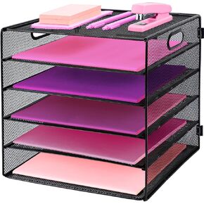 3 Tier Lettrer Tray Organizer, Metal Mesh Desk File Organizer with Sliding Trays, Paper Sorter Desk Organizer for Home Office School, Black