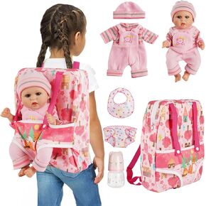 Babeside 6 PCS Baby Doll Carrier مع ملابس دمية ، وملحقات دمية الطفل للدمى من 10 إلى 12 بوصة ، تظاهر اللعب بمواجهة لعبة الأطفال