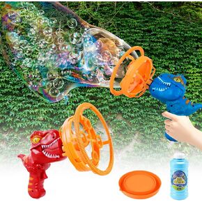 Bubble Gun Machine for Kids, Dinosaur Bubble Guns Blaster with Bottles Party Favors, Summer Toy, Outdoors, Easter, Birthday Gift (Blue+Red)