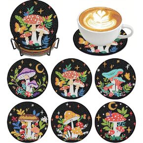 6Pcs Diamond Painting Coasters Kit with Holder,DIY Mushroom Life Coaster Diamond Art Kits for Adults,Beginners Round Full Drill Diamond Art Craft Supplies
