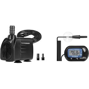 VIVOSUN 480GPH Submersible Pump(1800L/H, 25W) and 1-Pack LCD Digital Aquarium Thermometer Fish Tank Water Terrarium Temperature with Suction Cup for Turtle
