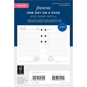 Filofax Calendar Diary Refill, Pocket Size, Day on One Page with Appointments, Ruled, White Paper, English, 2025 (C68241-25)