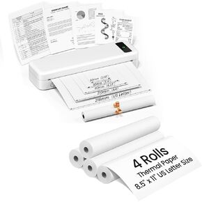 Bluetooth Portable Thermal Printer White & 4 Rolls 8.5" x 11" US Letter Thermal Paper