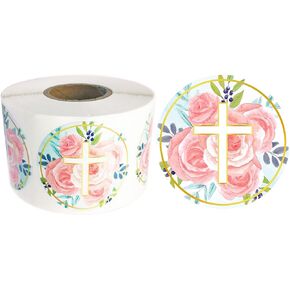 Religious Stickers – 500 PCS Rose Cross Stickers, Floral Christian Cross Design Round Labels, Envelope Seals, Party Favors, 1.5 Inches (3.81 cm)