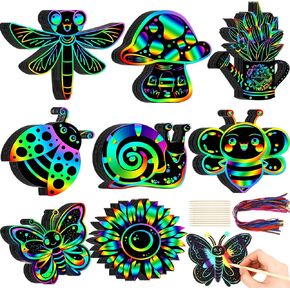 Hydren 80 PCS SPRING SCRATCH CARDS RAINBOW FLOWLY BUTTERFLY PAPER for Kids Rainbow Flower Crafts with Bamboo Stylus و Ribbon for Home Classroom School DIY (Classic Style)