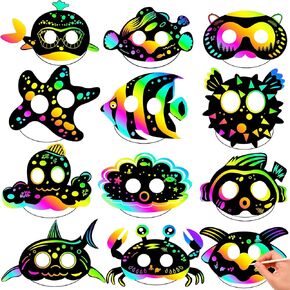 60 PCS Ocean Animals Mask for Kids 12 Styles Sea the Sea Scratch Off Art Cards Kids DIY Masks Craft Kit for Scratch Party Favors under the Sea Decorations Birthday Party Birth