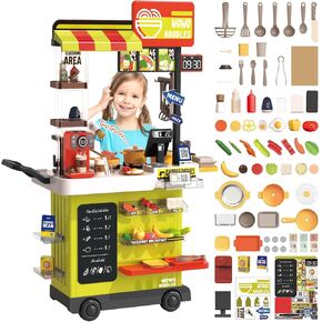 Deao Kids Kitch Kitchen Playet 88pcs لعبة الوجبات السريعة متجر المطبخ مجموعة مع أمين الصندوق ، وتغيير الألوان اللعب الطعام ، والهدايا للفتيات الأولاد الذين تتراوح أعمارهم بين 3 و 12 سنة