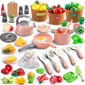 90pcs المطبخ الملحقات ، التظاهر بالطبخ مع الأواني ، المقالي ، وأدوات الطهي ، والطعام ، والفواكه ، والخضار ، وسلال فرز الألوان ، وأموال الدعامة ، وهدية التعلم للبنات الصغار الصغار (أبيض)