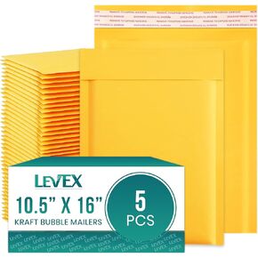 Levex - #5 10.5" x 16" [5 Pack) Kraft Bubble Mailers, Padded Envelope Mailers, Packing Envelope & Mailing Bags for Shipping