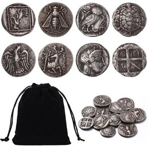 Tondiamo 12pcs العملات اليونانية القديمة 22 ملم مع حقيبة مخملية سوداء الفضة الفضة الأساطير اليونانية القديمة ذات الطابع التذكاري التذكاري العملات التكرارية