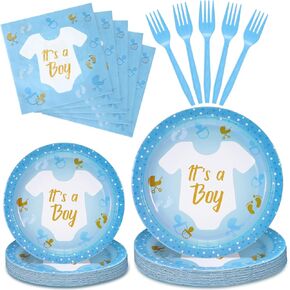 Tanlade 122 PCS Boy Boy Baby Shower Plates and Fackins إنه صبي يمكن التخلص منه في أدوات المائدة الزرقاء لوحات الورق الزرقاء شوكات زخارف استحمام الطفل بين الجنسين لتوازم الحفلات لـ 24 ضيفًا