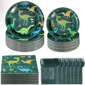 Yingzhao 240 PCS Dinosaur Tableware Set Dino World Owhare Dispipable Plates Dinosaur Miser
