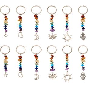 Pandahall 24pcs المعلقات الأحجار الكريمة الطبيعية شفاء البلورات رقائق الأحجار الكريمة Keyring Star Moon Heart Charms Crystal Stone Keychain 6 أنماط لزينة كيس مفتاح السيارة