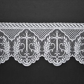 Embroidered Tulle Church Cross lace Trim, 4-3/4 Inch, White, TR-12224 (2-Yards)