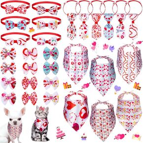 Weewooday 24 Pcs Valentine's Day Dog Bandana Set Includes 6 Bandana, 6 Adjustable Neckties,6 Bowties and 12 Bowknot Hair Bows for Dog Pet Cat Costume Accessories Valentine's Supplies