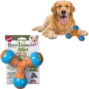 SPOT Bam-Bones Plus Gigglers Dumbbell Durable Dog Chew Toy, for Medium Aggressive Chewers, Bamboo Fiber & Nylon, Dual Texture, Massaging Rubber Ends, Peanut Butter Flavor, 5.5 in